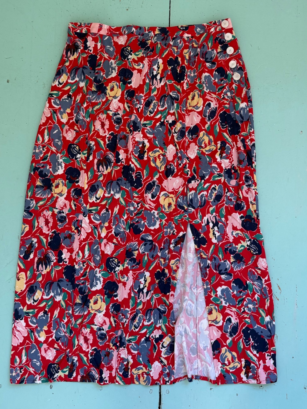 Rouje Red Floral Midi Skirt with Button Side Placket NWT 36